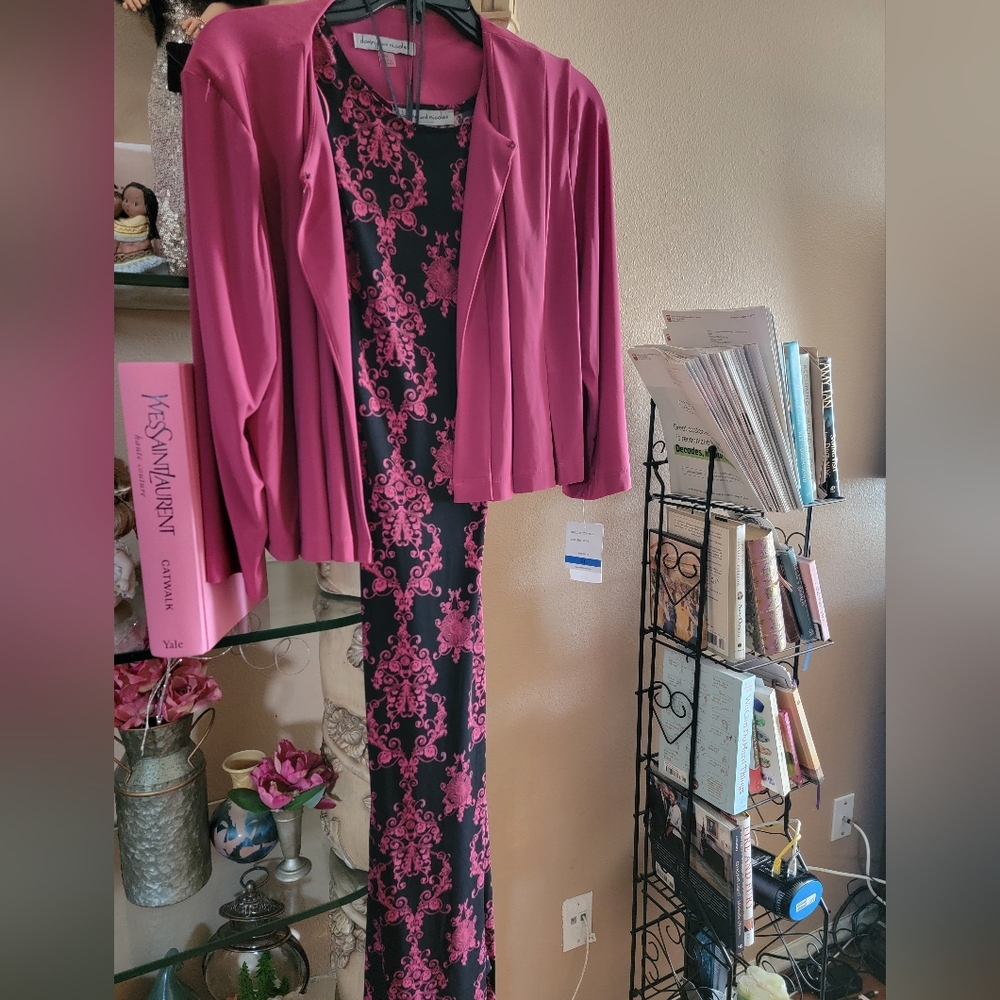 Pink and Black Floral Maxi Dress with Matching Pink Jacket, NWT